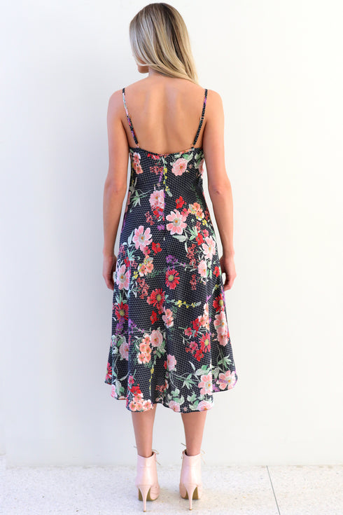 Shalom "Fishnet Floral" Bias Cut Silk Slip Dress